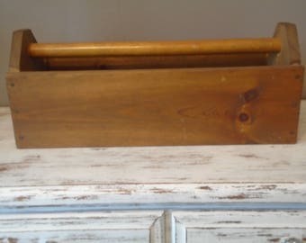 Large wooden tool box with dowel type handle, primitive rustic tool box, primitive storage box