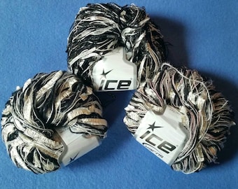 Three Skeins Multi-strand Novelty Yarn by Ice Yarns, premium multistrand yarn - black, white, gold - metallic, butterfly, ladder