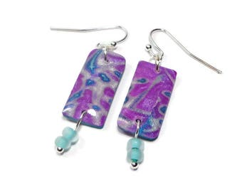 Teal & Pink Dangle Earrings- polymer clay jewelry- Dichroic earrings- Polymer Clay Earrings- Ready to Ship- Gifts for Her
