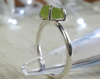Raw peridot ring, sterling silver and rough peridot, prong set, claw set silver ring with green gemstone, August birthstone, birthday gift