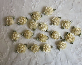 18 pc Buttercup Yellow Satin Ribbon Fabric Flower Applique Shabby Chic Baby Doll Carnation Cabbage Rose Bow