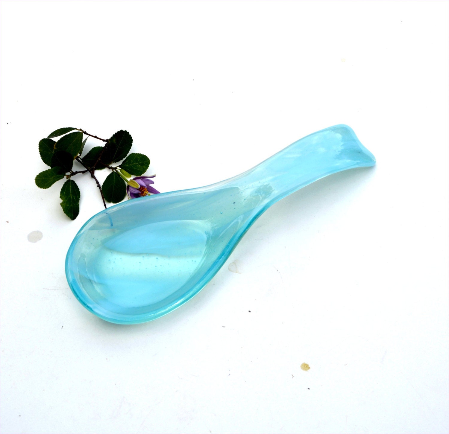 Fused glass spoon rest or dish in transparent light aquamarine