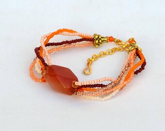 Multi strand bracelet with red agate Seed bracelet with agate focal Red orange cream bracelet Mineral bracelet Real red agate bracelet B337