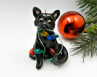 Black Cat Christmas Ornament Figurine Lights Porcelain