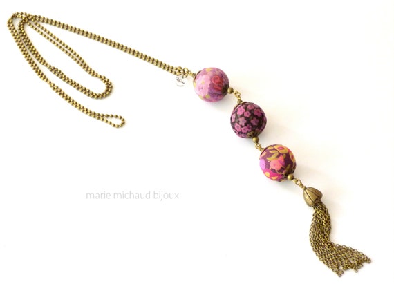 Original long Liberty textile necklace with tassel, Liberty necklace, Long boho necklace, Liberty jewelry, Purple liberty necklace