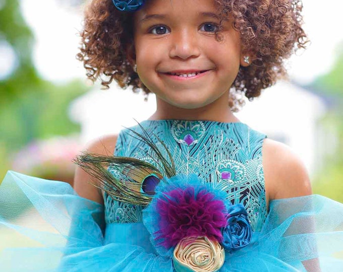 Peacock Flower Girl Dress - Boutique Toddler Dresses - Toddler Pageant - Custom - Full Length Dress - Wedding - Headband - 2T to 8 Yrs