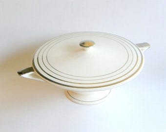 Atomic Art Deco Covered Serving Bowl: Salem Zephyr Platinum Pattern, Streamline Shape, Grade C - Vintage Wedding China