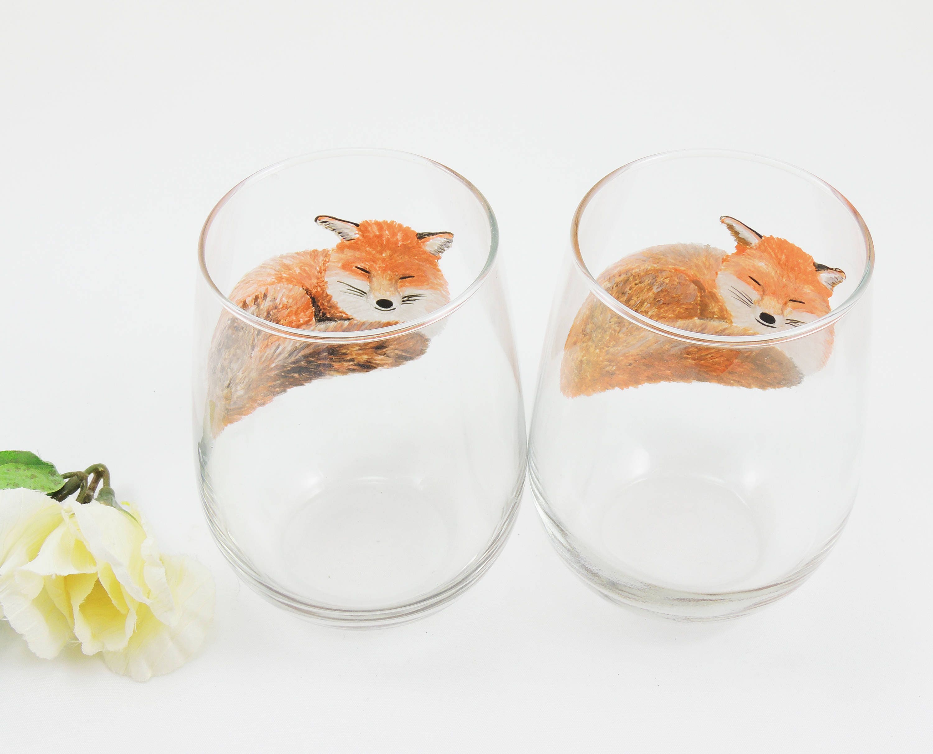 Fox wine glasses Hand painted stemless wine glasses Set of
