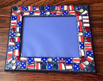 RESERVED - Stars and Stripes Silver Sparkle Mosaic Picture Frame (holds a 8 x 10 photograph)