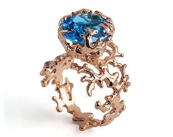 CORAL Blue Topaz Engagement Ring, 14k Rose Gold Engagement Ring, Rose Gold Statement Ring, Gold Gemstone Ring, Blue Topaz Ring Gold