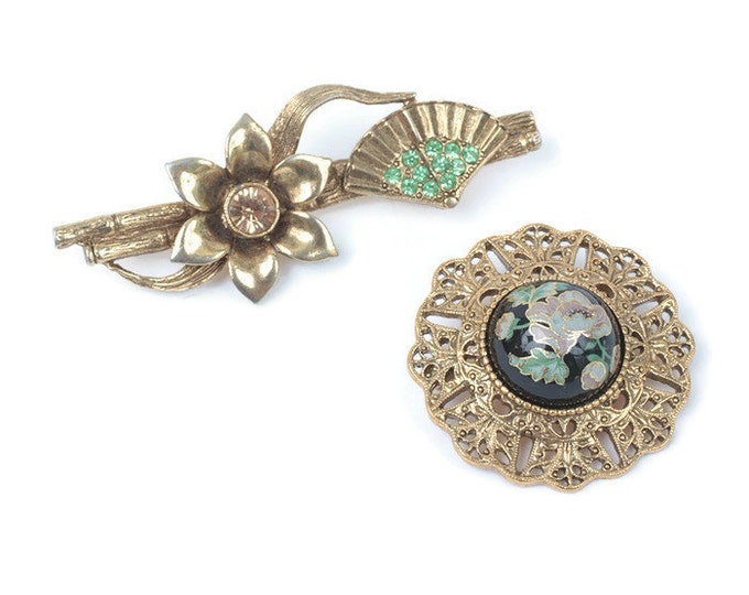 Asian Fan Cloisonne Brooch 2 Piece Lot 1928 Jewelry Company Vintage