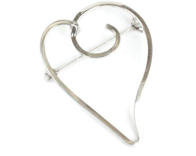 Sterling Modernist Heart Brooch Pin Sleek Simple Vintage
