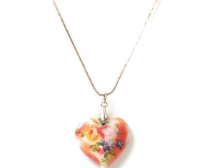 Red Floral Heart Pendant Necklace Vintage Porcelain Transfer Heart 18 Inch Chain