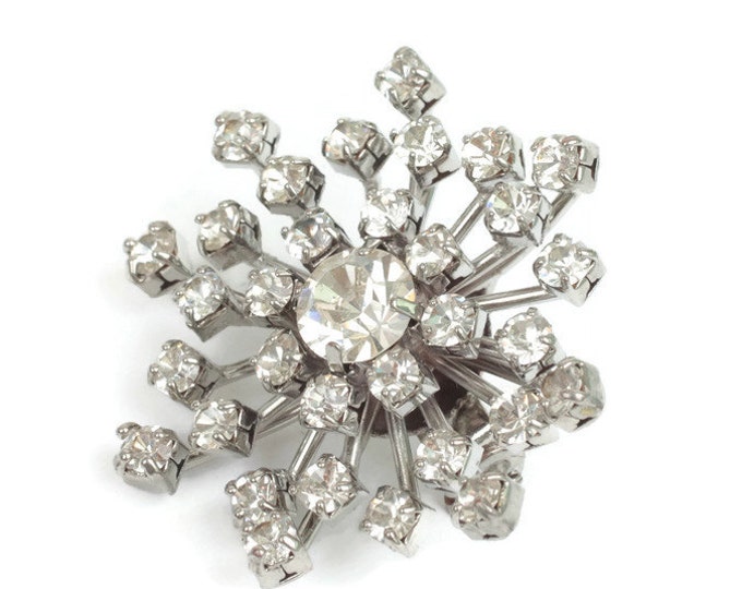 Crystal Rhinestone Snowflake Starburst Brooch Silver Tone Vintage