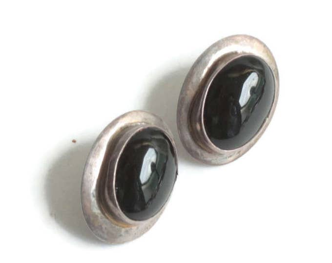 Sterling and Onyx Post Earrings Oval Modernist Signed
