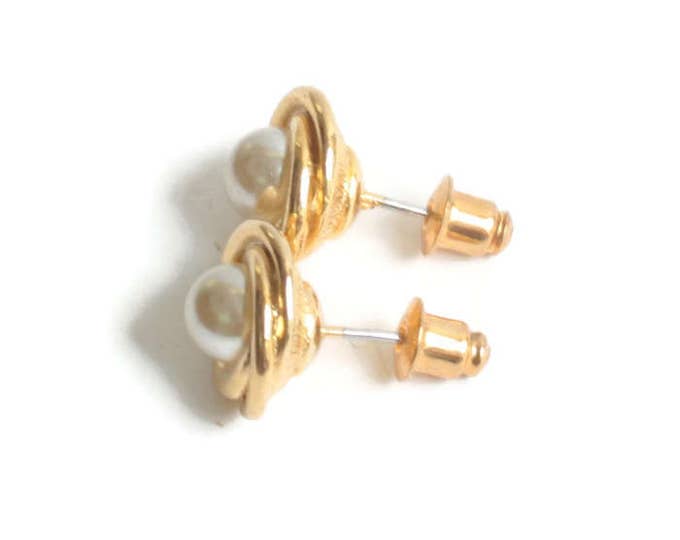 Faux Pearl Earrings Gold Swirl Setting Posts Pierced Smaller Vintage