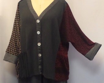 Coco and Juan, Plus Size Tunic, Lagenlook Mixed Knit, Gray, Black, Women’s Shirt Jacket, Plus Size Top, #5 OS 1X, 2X, 3X Bust to 66 inches