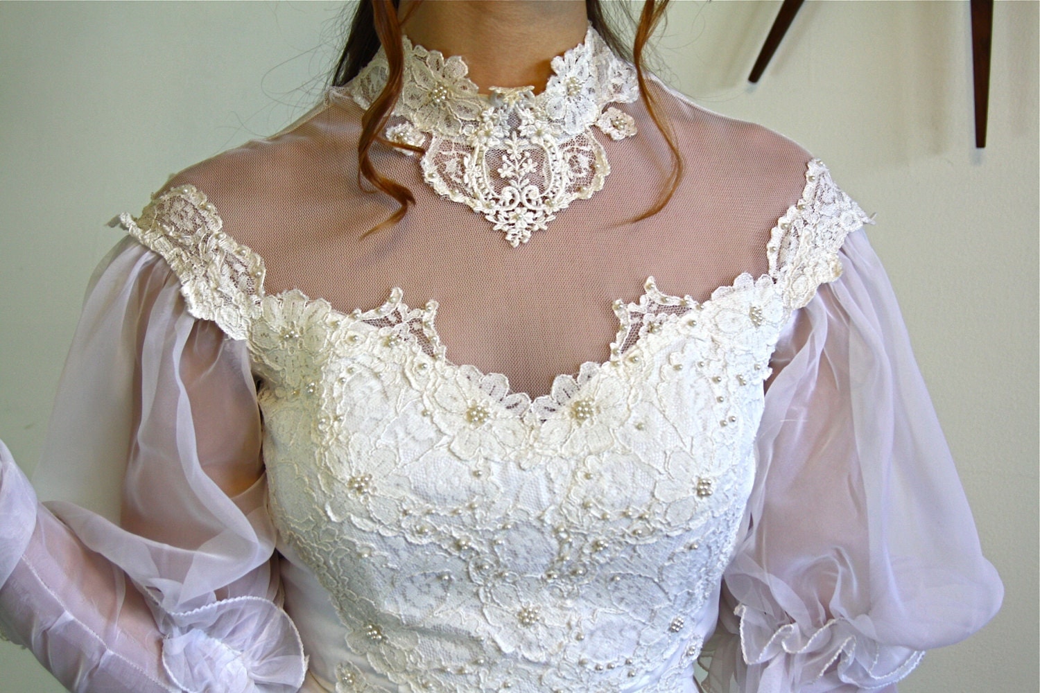 Victorian Wedding 70s Bridal Gown Antique Lace Gown Sheer Sleeves High Lace Collar Vintage 5350