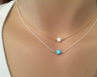 Dainty Opal necklace - White opal necklace - Blue opal necklace - October birthstone Synthetic, lab created opal necklace in silver or gold