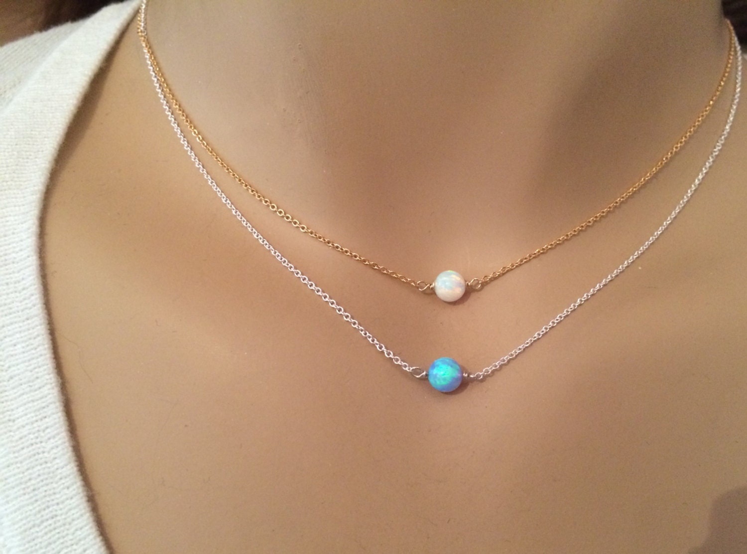 Dainty Opal necklace White opal necklace Blue opal