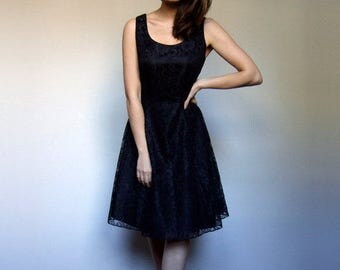 Black Lace Dress Women Vintage Sleeveless Dress Simple Party Dress Fit and Flare Dress Cocktail Dress - Medium to Large M L