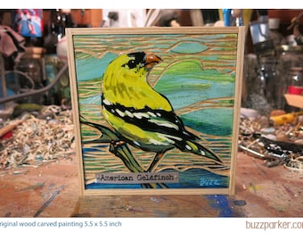 American Goldfinch, Original Carved Wood Painting Backyard Birds by Buzz Parker 5x5 inches framed ready to hang songbird garden