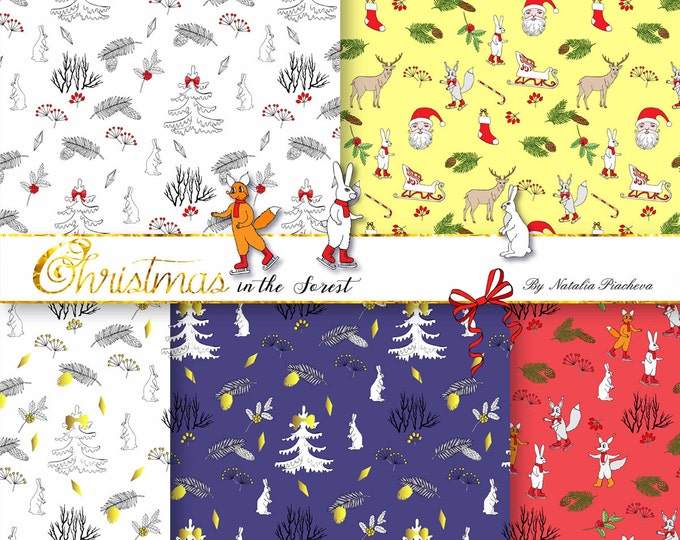 Digital Paper Christmas in the Forest. Poinsettia, mistletoe, squirrel, deer, Santa, tree, poinsettia, sledge, forest, deer