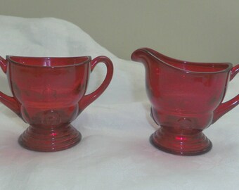 Miniature Red Glass Cream and Sugar, Ruby Red Moon Drop 1930s New Martinsville (Viking Glass)