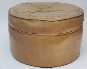 Vintage Mid Century Retro Round Ottoman-Button Flower Design-Tan-Large Footstool