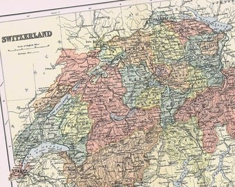 1895 Antique Map of SWITZERLAND, Beautifully Illustrated, Perfect for Framing, Colorful, Europe, Geneva, Zurich, Bern, Swiss, Basel