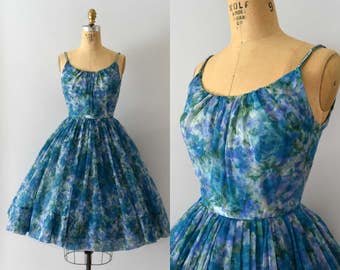 Vintage 1950s Dress - 50s Blue Floral Chiffon Party Dress