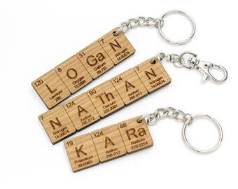 Custom Name Periodic Table Chemistry Keychain. Cool Science or Chemistry Gift - Made in the USA with Sustainably Harvested Woods!