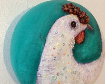 Hen Art, Organic Chicken Art, Chicken Wall Art, Chicken Art Hen Art Spotted Chicken Gourd Wall Art - shipping included