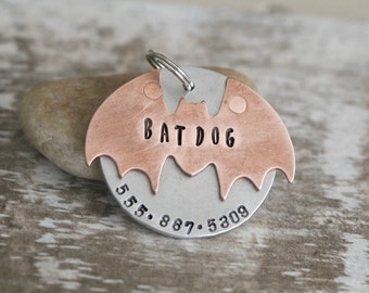 Bat Dog Tag / Gotham City / Batdog / Batman fan / Gothic Dog Tag / Riveted / Copper and Silver / Large Breed Dog / Handmade Pet Tag / A091