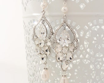 Long Bridal Chandelier Earrings Chandelier Wedding Earrings Crystal and Pearl Earrings Vintage Style Jewelry Crystal Statement Post Earrings