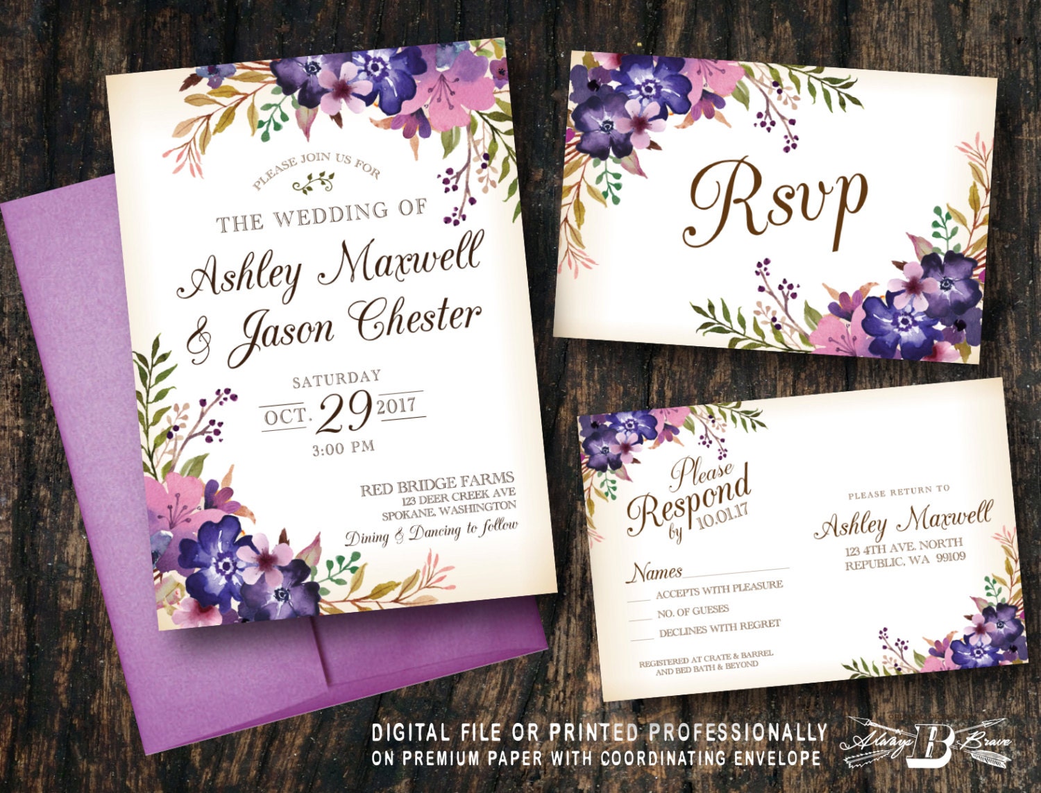 Purple Rustic Wedding Invitation SET Purple Flowers Vintage