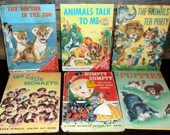 Kids animal books Vintage lot 6 Junior Elf Books 1960's Animals' Tea Party Animals Talk to Me Doctor at the Zoo Puppies Ten Little Monkeys