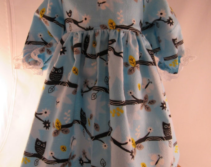 Long Blue flannel bathrobe with owl print fits 18 inch dolls