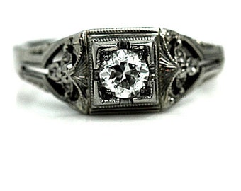 Filigree Engagement Ring Art Deco Engagement Ring .30ctw Antique Solitaire Diamond Ring 18K White Gold Solitaire European Cut Diamond Ring!