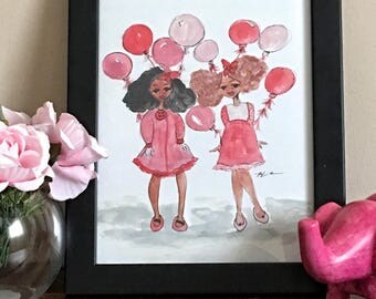 Pink Balloons- Childrens Art, Black Girl Magic Art, afro art prints, kids art, girly illustrations by LeMahogany Art