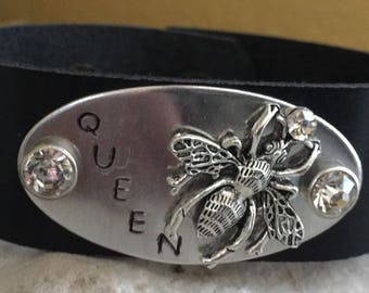 Sale-Queen Bee-stamped leather cuff-leather cuff-bee charms-rhinestone leather cuff-rhinestone bracelet