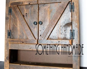 Medicine cabinet | Etsy - Barn wood Medicine cabinet with open shelf made from 1800s weathered rustic  barn wood - barn style doors