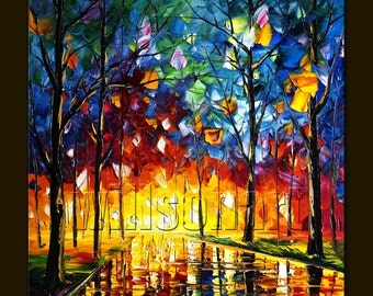 Original Modern Landscape Painting Oil on Canvas Textured Palette Knife Contemporary Art Rainy Night 24X24 by Willson Lau