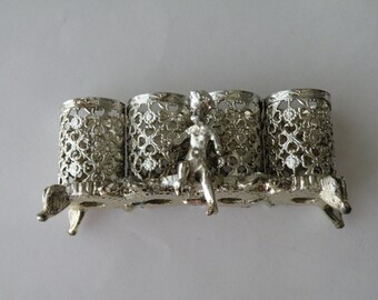 SF Sam Fink Filigree LIPSTICK HOLDER cherub footed silver tone vanity tray