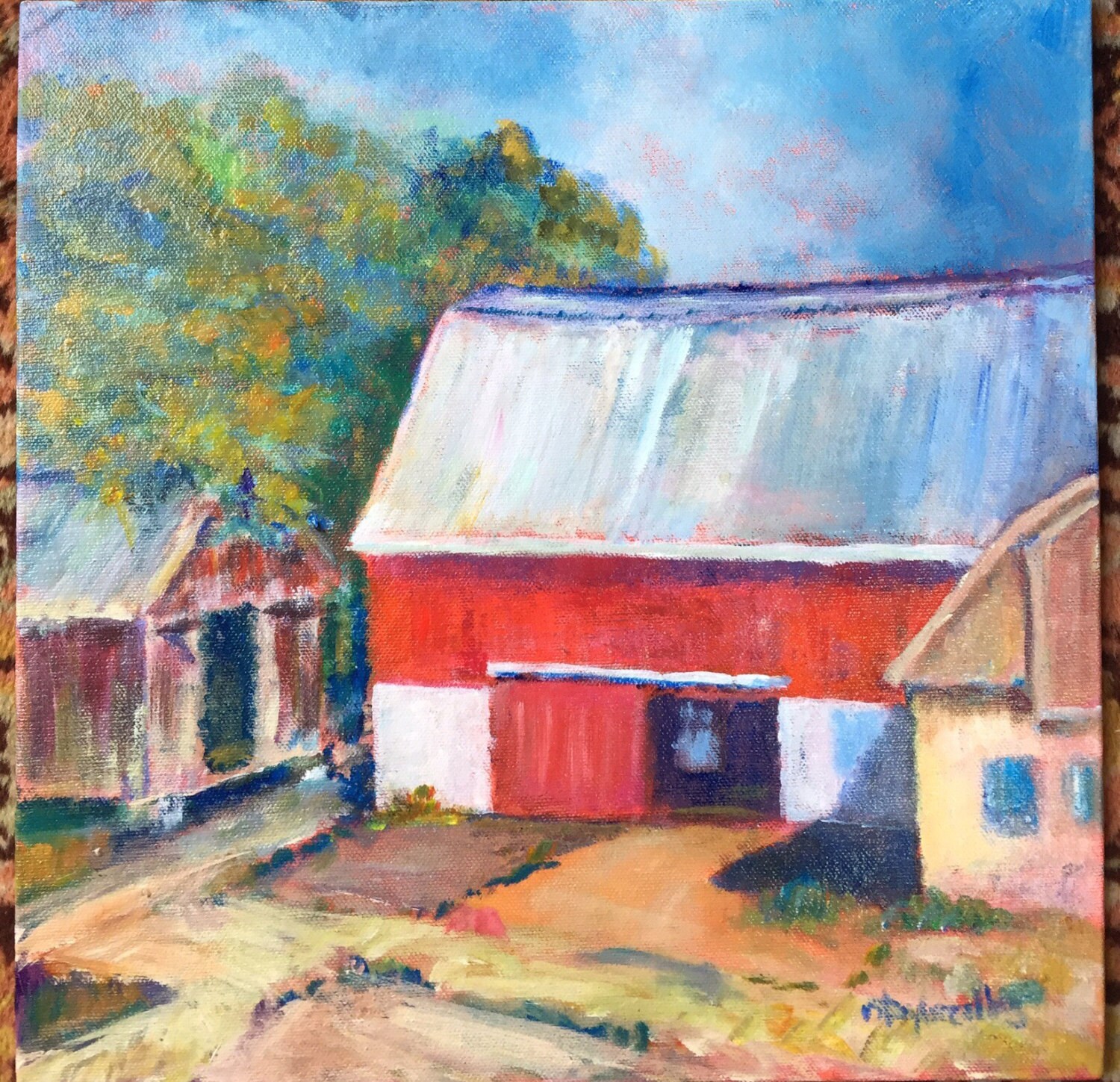 Original Acrylic Landscape Barn Painting Morning Barn