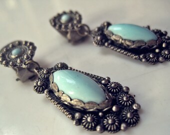 Vintage Turkey Jewelry, Turkish Earrings, Silver and Blue Glass Clip On, Ethnic Adornments