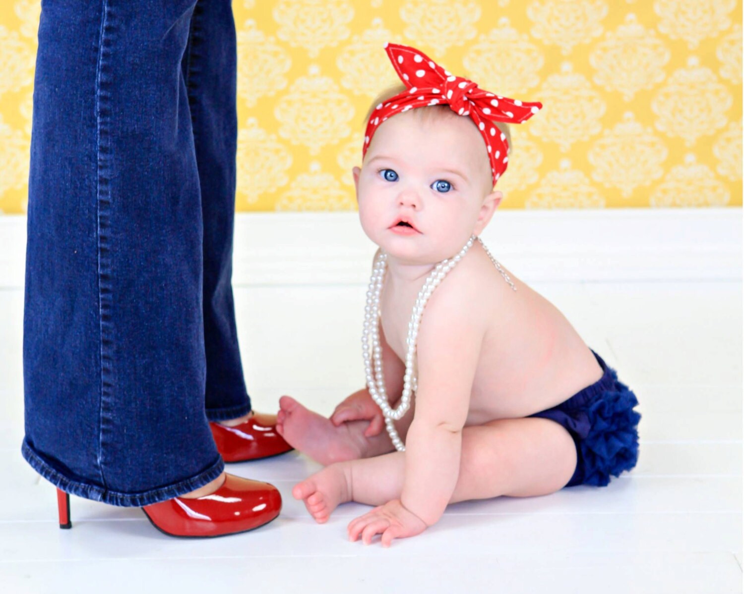 Baby Headband Rosie the Riveter Pretied Wrap Red White Polka
