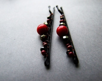 Bloody Red Bobby Pins, Adorable Red Hair Pins, Boho Hair Pins, Dark Red Black Bobby Pins Set