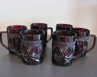 6 Antique Vintage Ruby Red Glass Mugs Cups Luminare France Cristal D'Arques