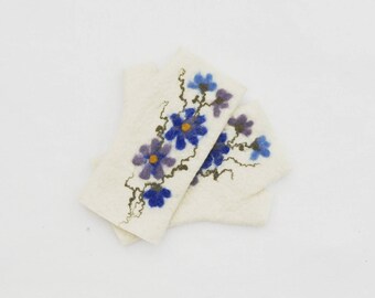 Felted Fingerless Gloves Fingerless Mittens Arm warmers Wristlets Merino Wool White Blue flowers